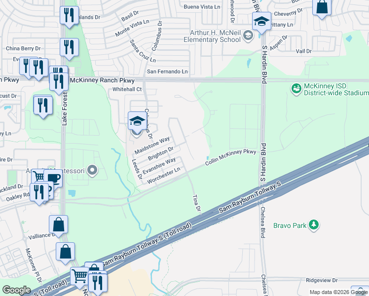 map of restaurants, bars, coffee shops, grocery stores, and more near 4504 Wembley Court in McKinney