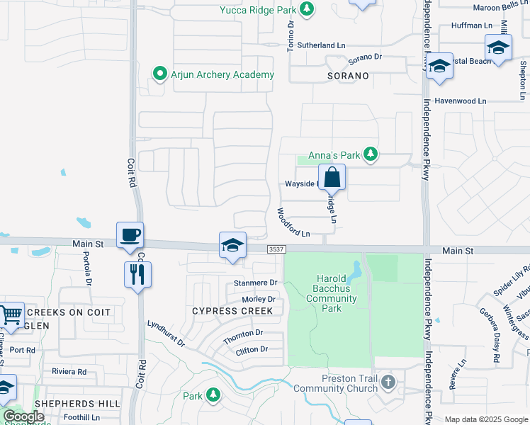 map of restaurants, bars, coffee shops, grocery stores, and more near in Frisco