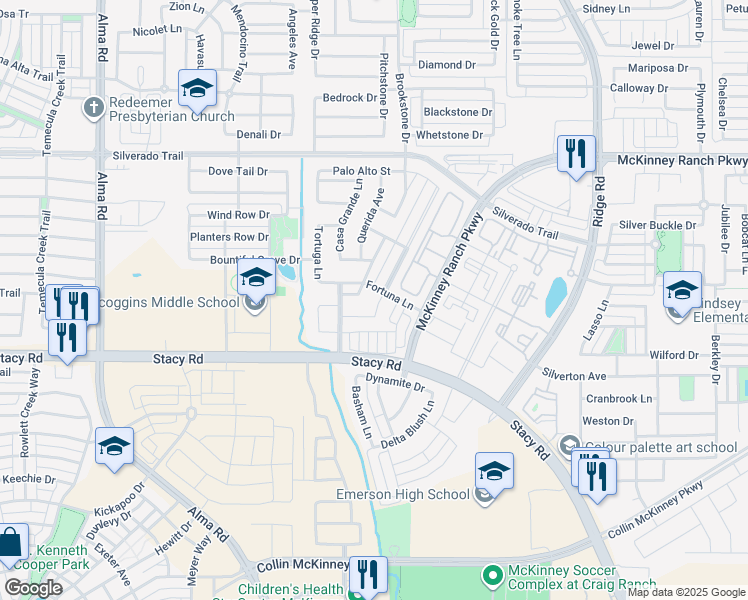 map of restaurants, bars, coffee shops, grocery stores, and more near 4608 Del Rey Avenue in McKinney