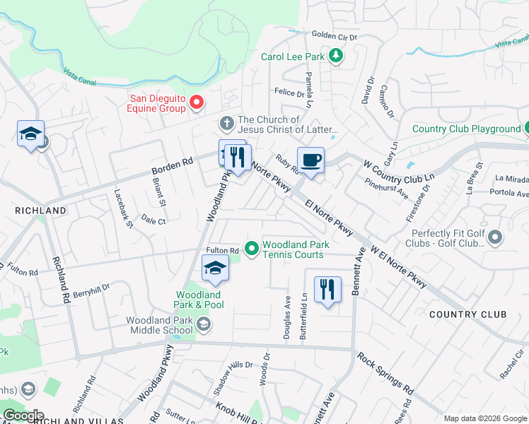 map of restaurants, bars, coffee shops, grocery stores, and more near 1401 El Norte Parkway in San Marcos
