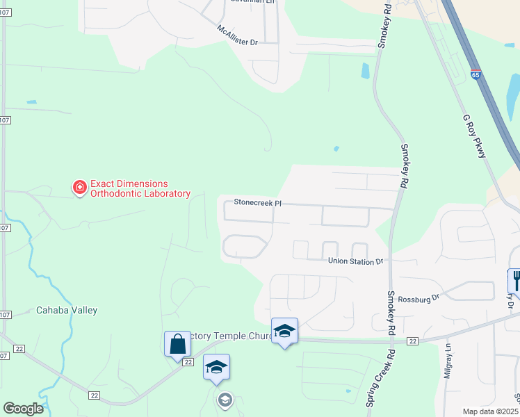 map of restaurants, bars, coffee shops, grocery stores, and more near 264 Stonecreek Place in Calera