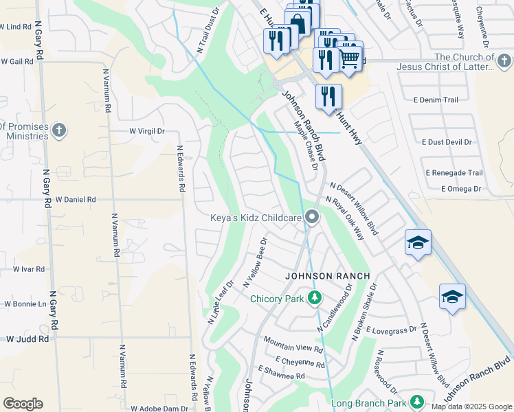 map of restaurants, bars, coffee shops, grocery stores, and more near 107 East Lupine Place in San Tan Valley