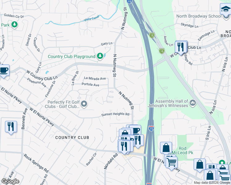 map of restaurants, bars, coffee shops, grocery stores, and more near 2041 North Nutmeg Street in Escondido