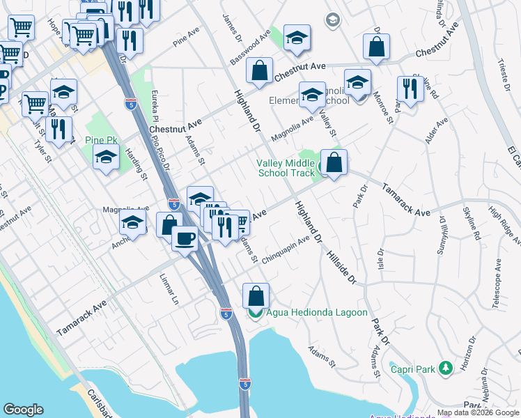 map of restaurants, bars, coffee shops, grocery stores, and more near 1230 Tamarack Avenue in Carlsbad
