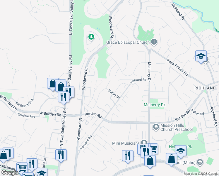 map of restaurants, bars, coffee shops, grocery stores, and more near 728 North Alda Drive in San Marcos