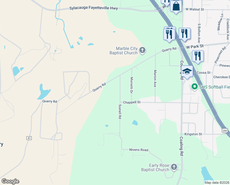 map of restaurants, bars, coffee shops, grocery stores, and more near 526 Sorrell Road in Sylacauga