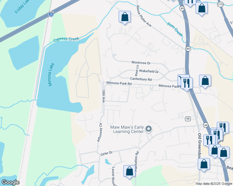 map of restaurants, bars, coffee shops, grocery stores, and more near 1601 Mimosa Park Road in Tuscaloosa