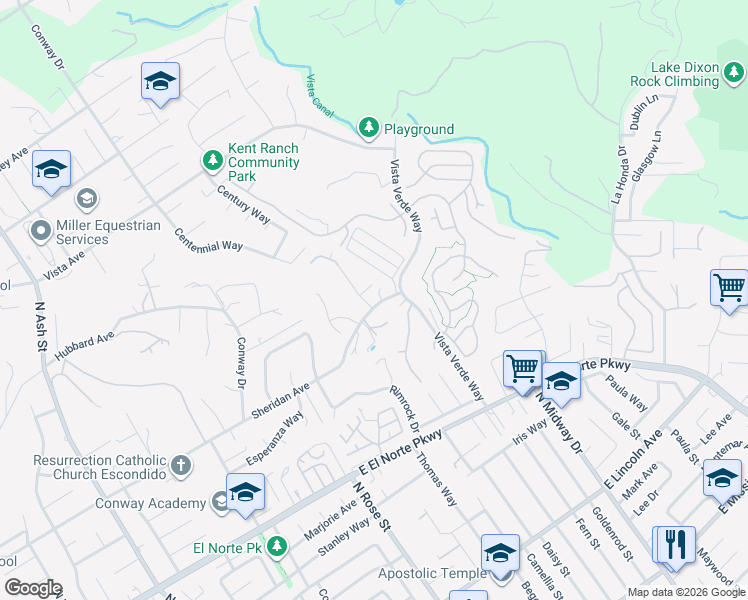map of restaurants, bars, coffee shops, grocery stores, and more near 1520 Sheridan Place in Escondido
