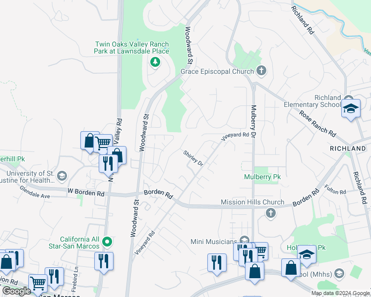 map of restaurants, bars, coffee shops, grocery stores, and more near 728 North Alda Drive in San Marcos