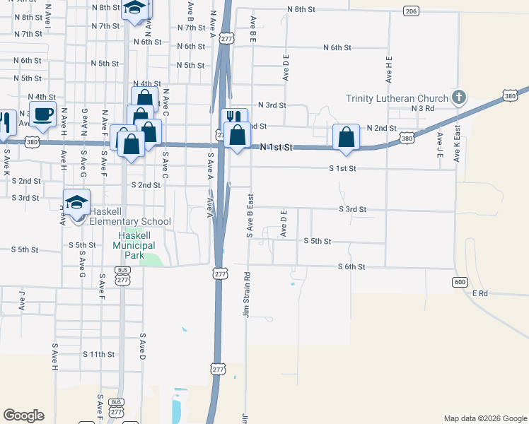 map of restaurants, bars, coffee shops, grocery stores, and more near 300 South Avenue B East in Haskell