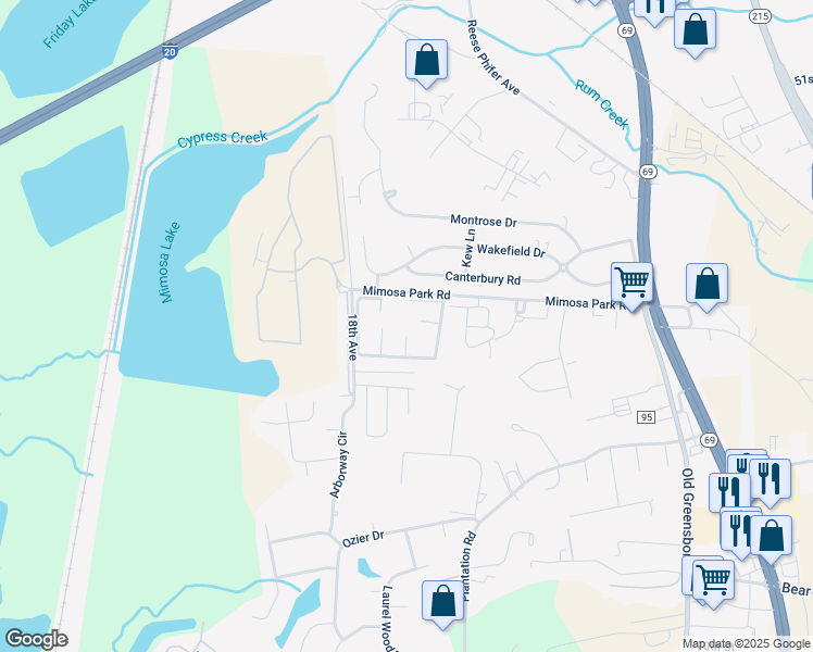 map of restaurants, bars, coffee shops, grocery stores, and more near 1601 Mimosa Park Road in Tuscaloosa