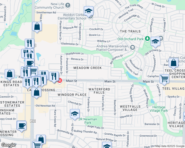 map of restaurants, bars, coffee shops, grocery stores, and more near 1350 Main Street in Frisco