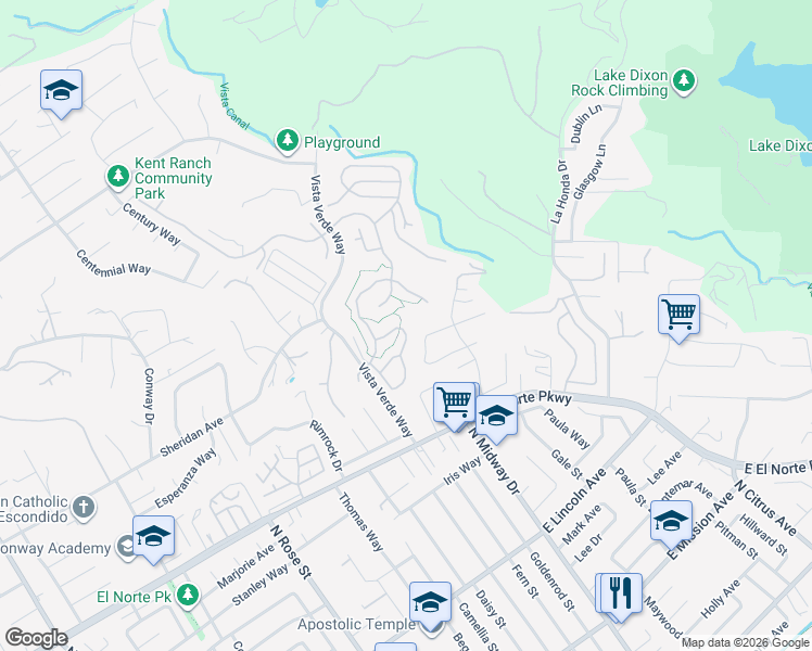 map of restaurants, bars, coffee shops, grocery stores, and more near 2029 Woodland Glen in Escondido