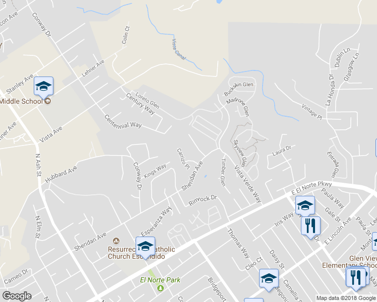 map of restaurants, bars, coffee shops, grocery stores, and more near 1541 Sheridan Place in Escondido