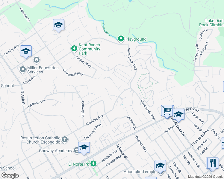map of restaurants, bars, coffee shops, grocery stores, and more near 1541 Sheridan Place in Escondido