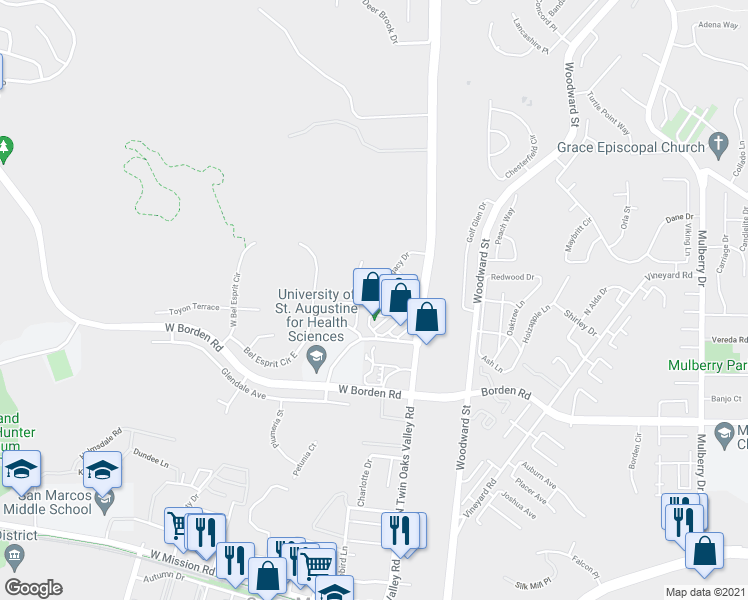 map of restaurants, bars, coffee shops, grocery stores, and more near 157 Montessa Way in San Marcos