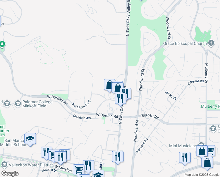 map of restaurants, bars, coffee shops, grocery stores, and more near 157 Montessa Way in San Marcos