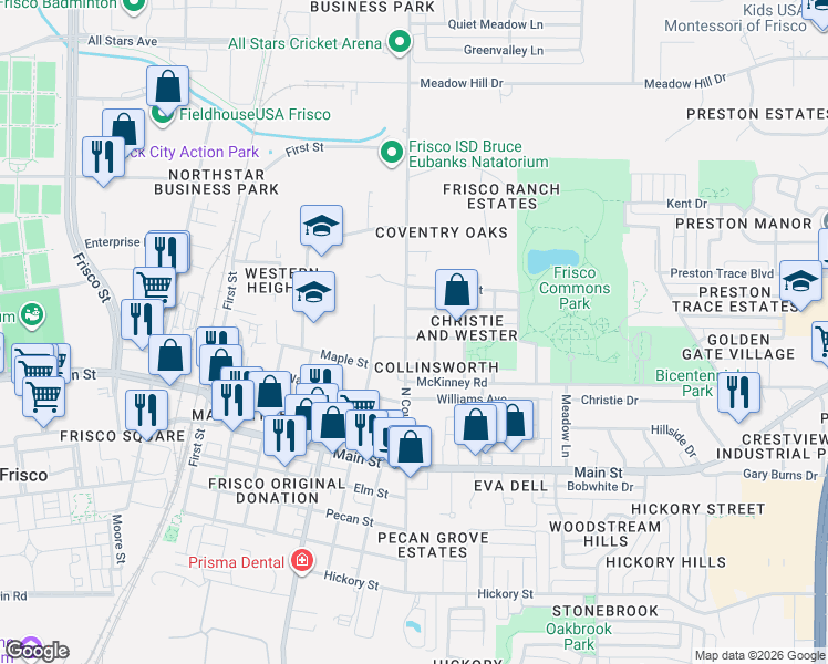 map of restaurants, bars, coffee shops, grocery stores, and more near 9440 North County Road in Frisco