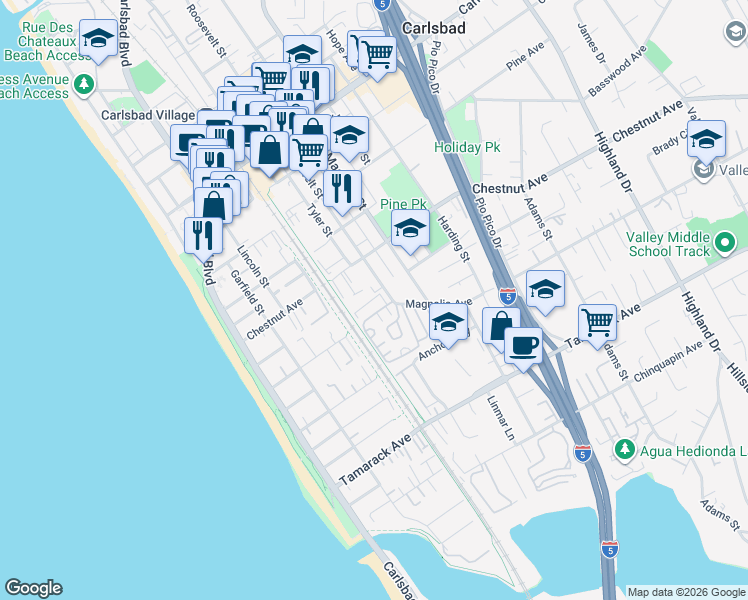 map of restaurants, bars, coffee shops, grocery stores, and more near 3539 Roosevelt Street in Carlsbad