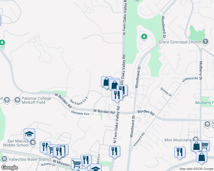 map of restaurants, bars, coffee shops, grocery stores, and more near 157 Montessa Way in San Marcos