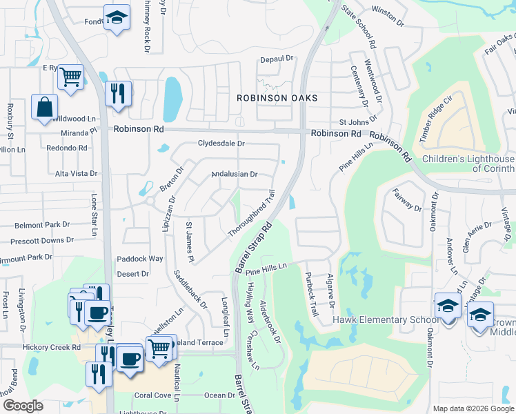 map of restaurants, bars, coffee shops, grocery stores, and more near 3613 Salon Court in Denton