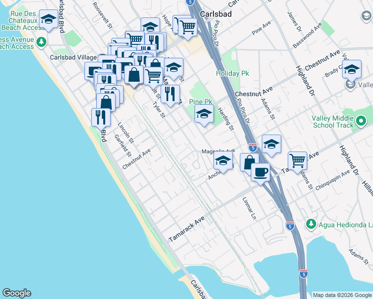map of restaurants, bars, coffee shops, grocery stores, and more near 3539 Roosevelt Street in Carlsbad