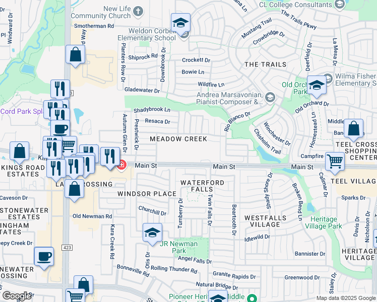 map of restaurants, bars, coffee shops, grocery stores, and more near 1350 West Main Street in Frisco