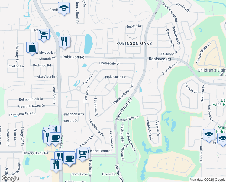 map of restaurants, bars, coffee shops, grocery stores, and more near 6100 Thackery Drive in Denton