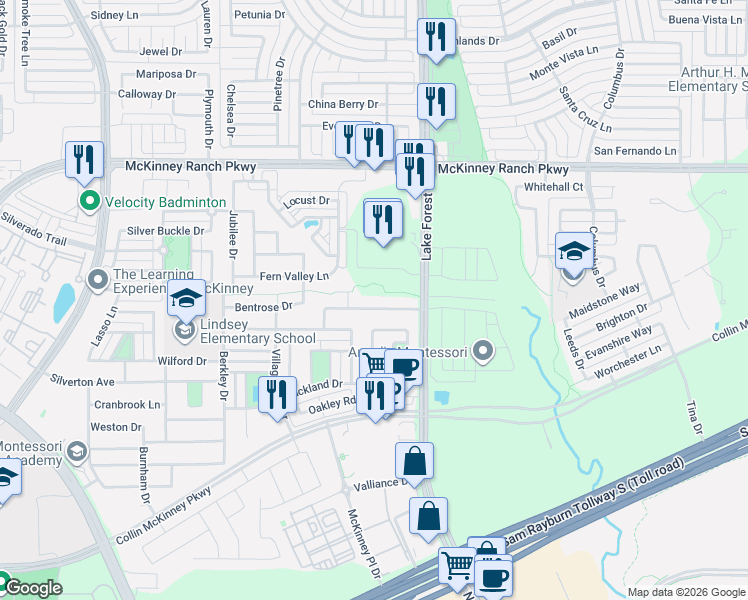 map of restaurants, bars, coffee shops, grocery stores, and more near 5112 Dunster Drive in McKinney