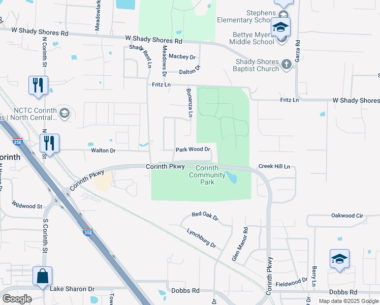 map of restaurants, bars, coffee shops, grocery stores, and more near 3804 Park Wood Drive in Corinth