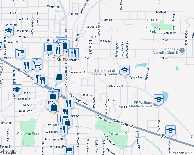 map of restaurants, bars, coffee shops, grocery stores, and more near 306 South Lide Avenue in Mount Pleasant