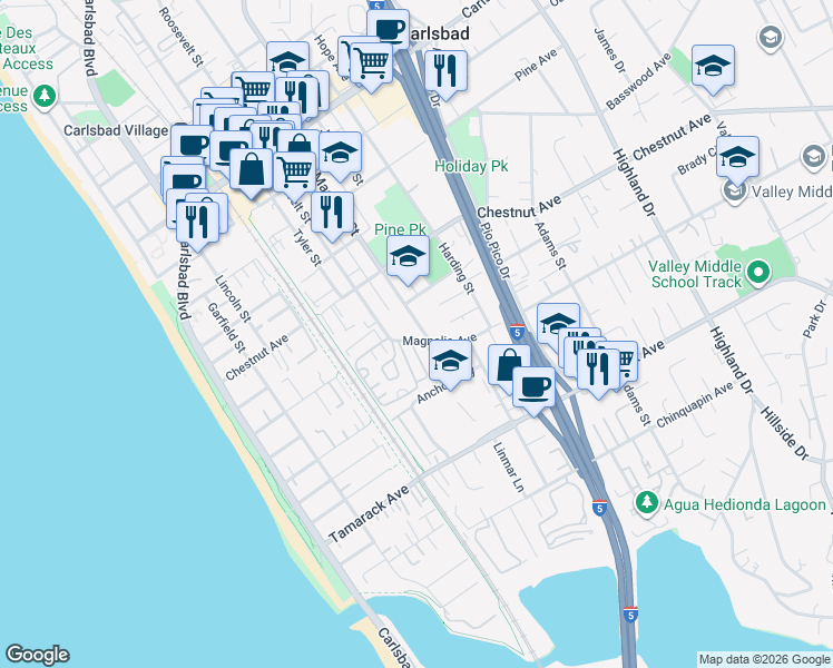 map of restaurants, bars, coffee shops, grocery stores, and more near 3575 Madison Street in Carlsbad