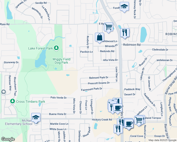 map of restaurants, bars, coffee shops, grocery stores, and more near 2009 Del Mar Court in Denton