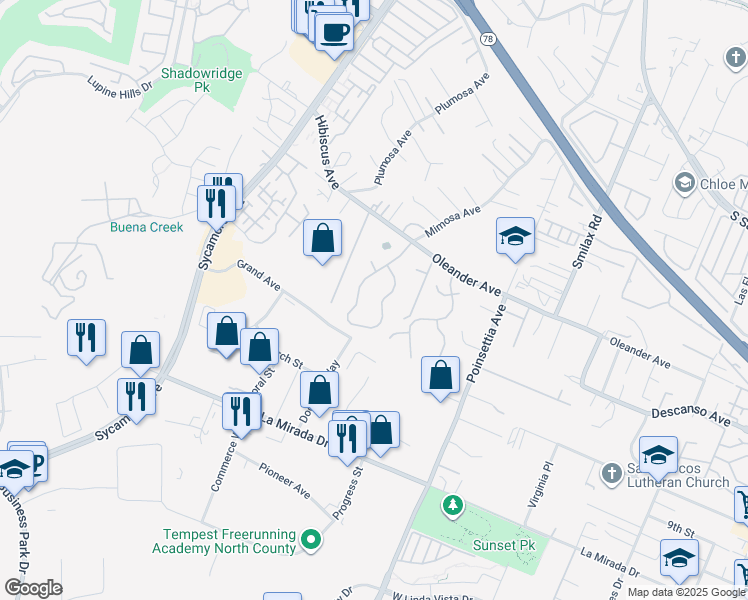 map of restaurants, bars, coffee shops, grocery stores, and more near 908 Mimosa Avenue in Vista