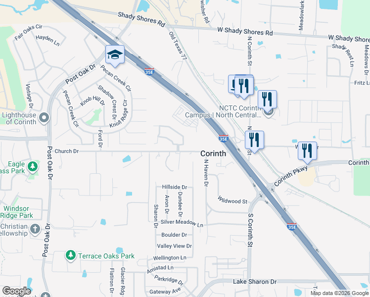 map of restaurants, bars, coffee shops, grocery stores, and more near 2701 Church Drive in Corinth