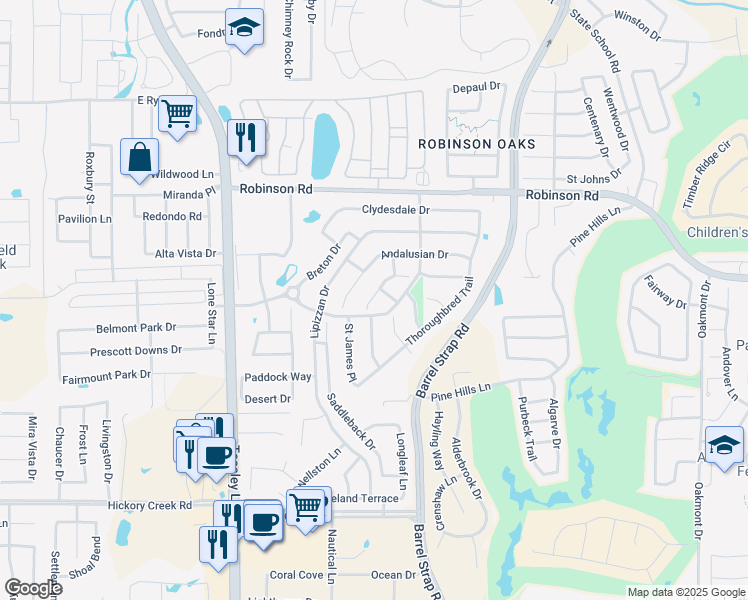 map of restaurants, bars, coffee shops, grocery stores, and more near 3215 Friesan Court in Denton