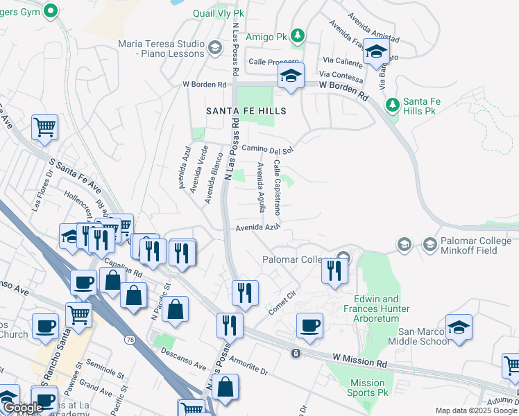 map of restaurants, bars, coffee shops, grocery stores, and more near 1203 Corte Cielo in San Marcos