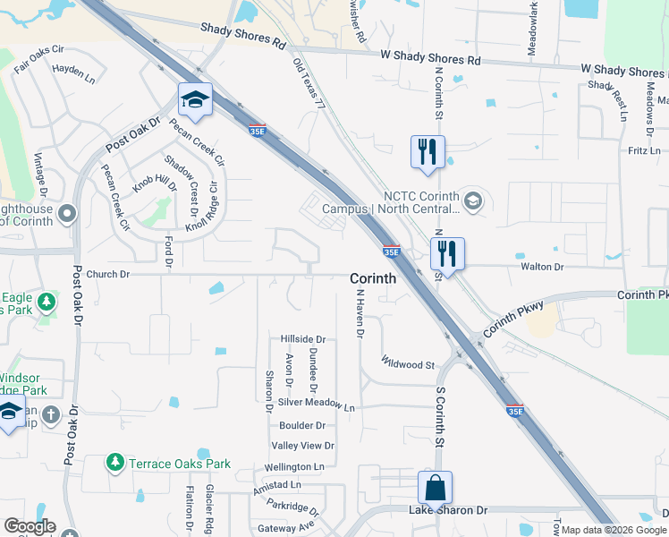 map of restaurants, bars, coffee shops, grocery stores, and more near 2701 Church Drive in Corinth