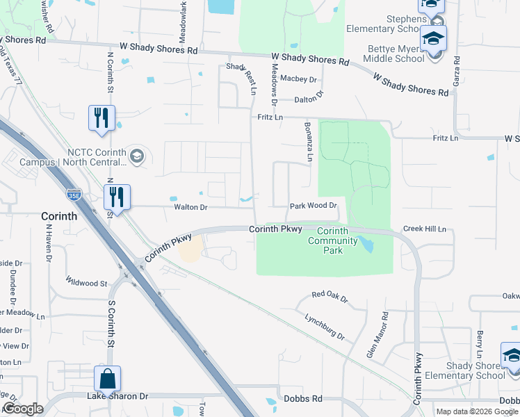 map of restaurants, bars, coffee shops, grocery stores, and more near 3415 Walton Drive in Corinth
