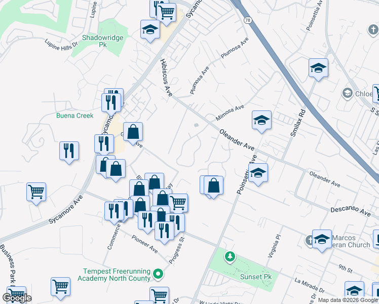 map of restaurants, bars, coffee shops, grocery stores, and more near 908 Mimosa Avenue in Vista