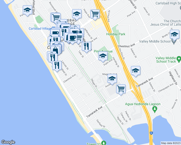 map of restaurants, bars, coffee shops, grocery stores, and more near 445 Chestnut Avenue in Carlsbad