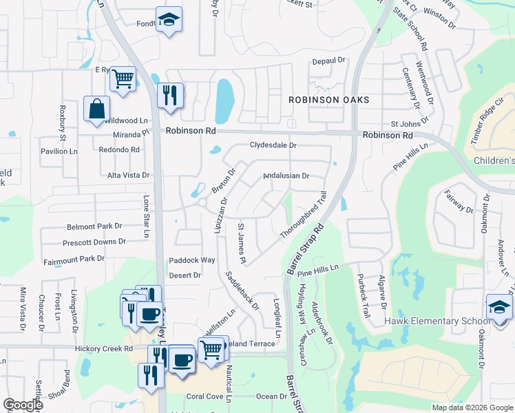 map of restaurants, bars, coffee shops, grocery stores, and more near 3215 Friesan Court in Denton