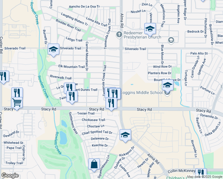 map of restaurants, bars, coffee shops, grocery stores, and more near 7816 Desert Dunes Trail in McKinney