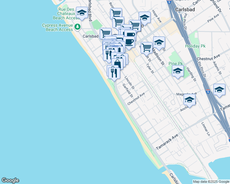 map of restaurants, bars, coffee shops, grocery stores, and more near 3201 Carlsbad Boulevard in Carlsbad