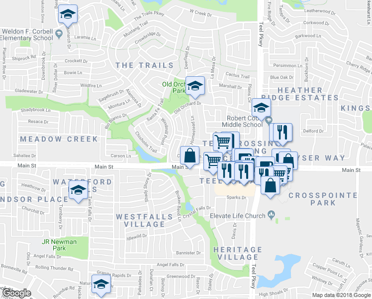 map of restaurants, bars, coffee shops, grocery stores, and more near 9155 Homestead Lane in Frisco