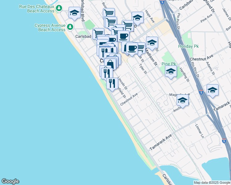 map of restaurants, bars, coffee shops, grocery stores, and more near 166 Walnut Avenue in Carlsbad