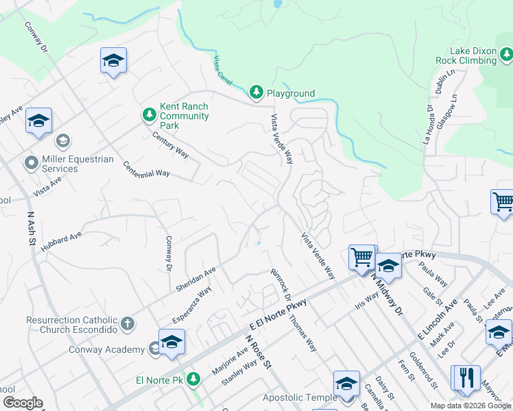 map of restaurants, bars, coffee shops, grocery stores, and more near 1520 Sheridan Pl in Escondido