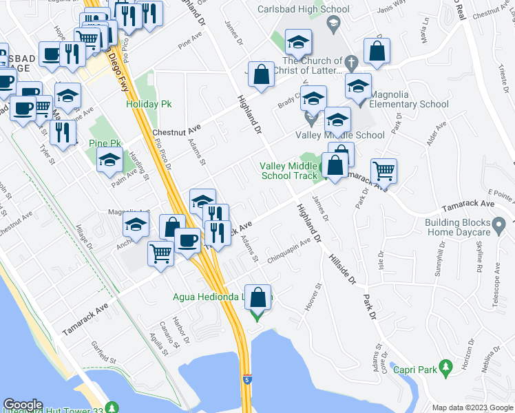 map of restaurants, bars, coffee shops, grocery stores, and more near 3870 Adair Way in Carlsbad