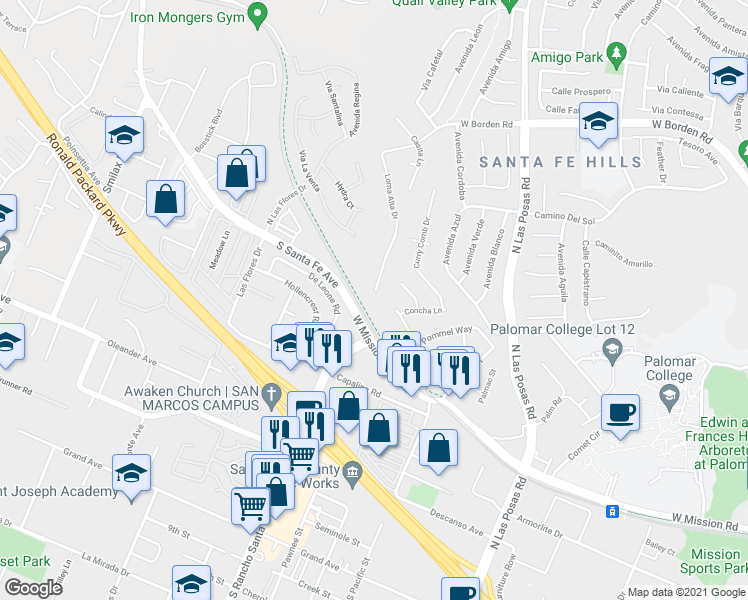 map of restaurants, bars, coffee shops, grocery stores, and more near 1599 Loma Alta Drive in San Marcos