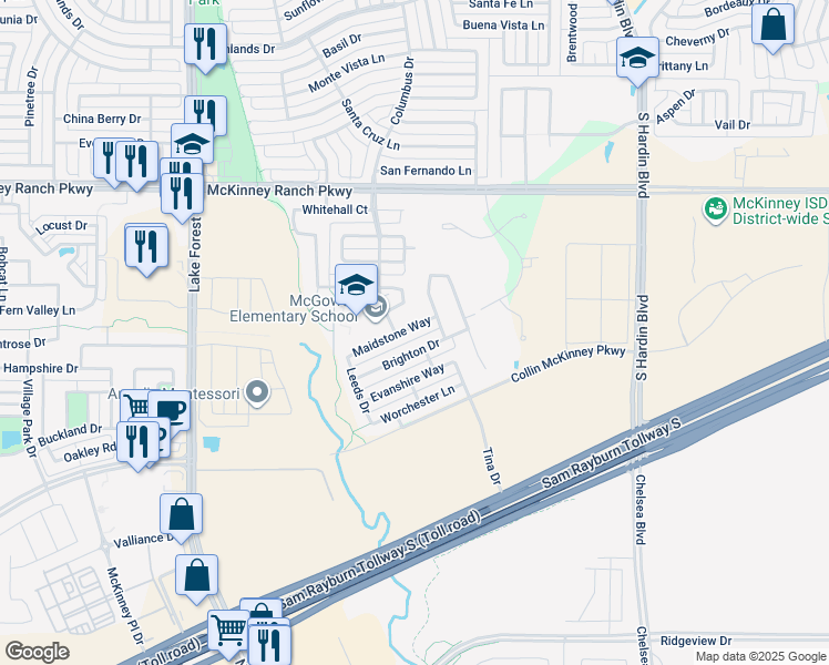 map of restaurants, bars, coffee shops, grocery stores, and more near 4521 Maidstone Way in McKinney